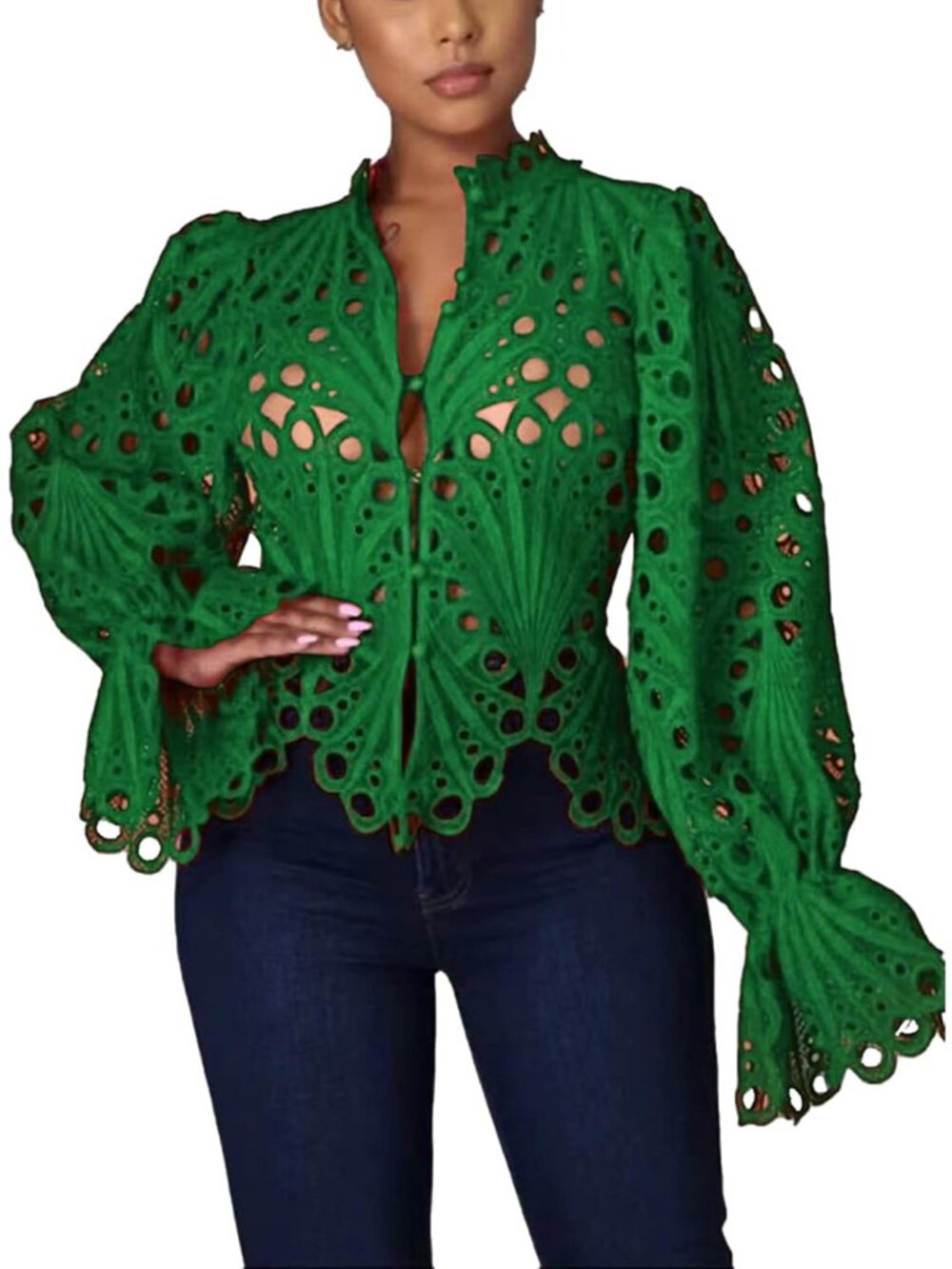 🆕Women’s Dark Green Lace Ruffle Puff Long Sleeve Button Down Tops Flare Tunic